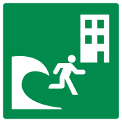 Sticker met pictogram tsunami evacuatie gebouw ISO 7010