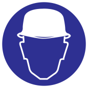 Blauwe sticker met pictogram om aan te duiden dat een veiligheidshelm verplicht is