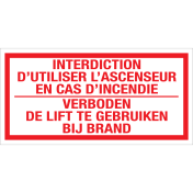 Sticker Verboden de lift te gebruiken bij brand, interdiction d'utiliser l'ascenseur en cas d'incendie - tekststicker met rode tekst