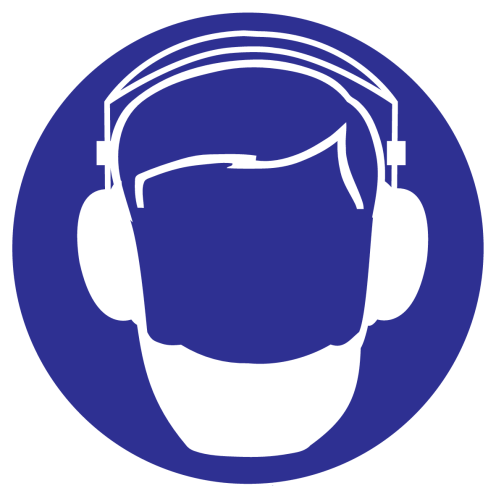 Blauw bord met pictogram om aan te duiden dat een baardnet en gehoorbescherming verplicht is.