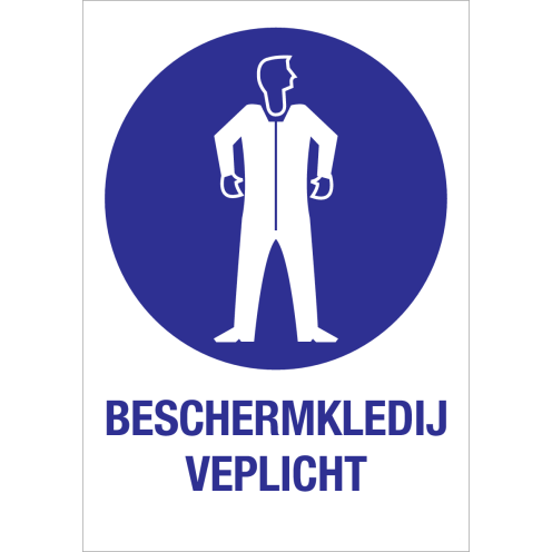 Bord met pictogram en tekst om aan te duiden dat beschermende kleding verplicht is