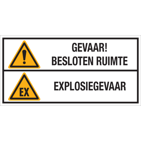 Bord met pictogram en tekst: "Gevaar! Besloten Ruimte - Explosiegevaar" 