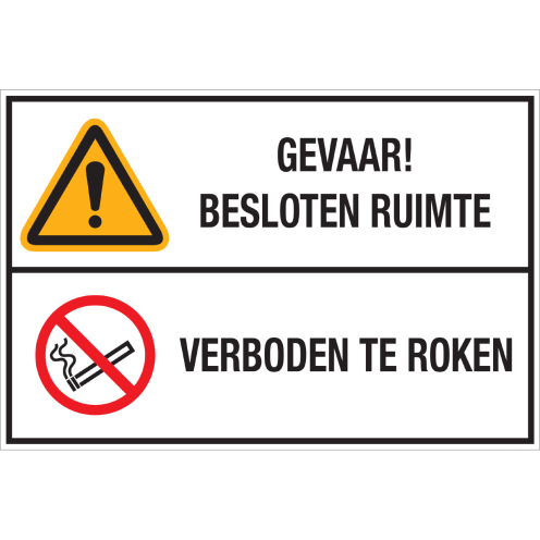 Bord met pictogram en tekst: "Gevaar! Besloten Ruimte - Verboden te Roken" - ISO 7010 - W001, P002