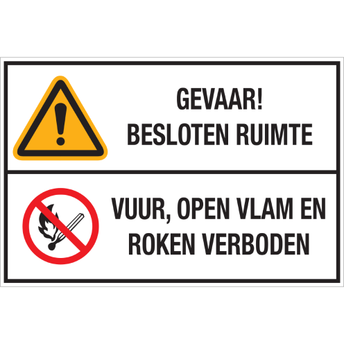 Bord met pictogram en tekst: "Gevaar! Besloten Ruimte - Vuur, Open Vlam en Roken Verboden" - ISO 7010 - W001, P003