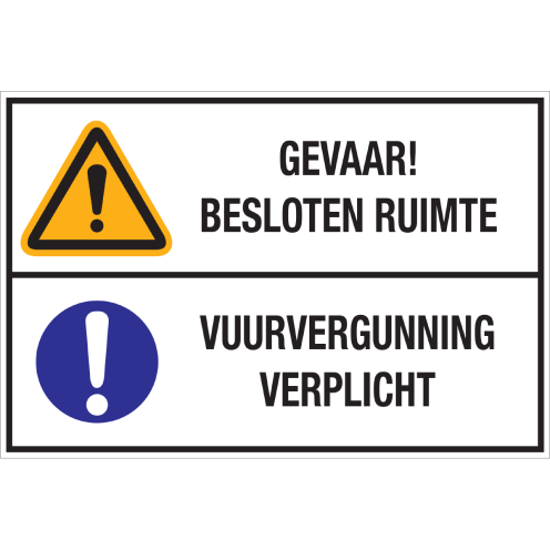 Bord met pictogram en tekst: "Gevaar! Besloten Ruimte - Vuurvergunning Verplicht" - ISO 7010 - W001, M001