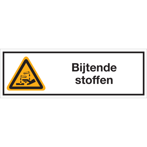 Bord met pictogram en tekst "Bijtende stoffen" - ISO 7010 - W023