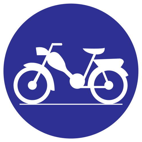 Blauw bord met pictogram om aan te duiden dat brommers toegestaan zijn