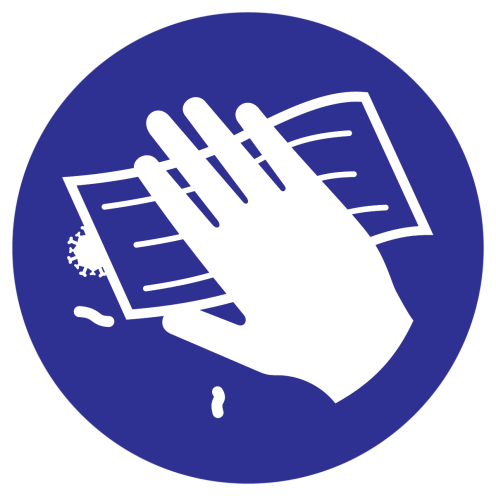 Blauw bord met pictogram oppervlak ontsmetten verplicht