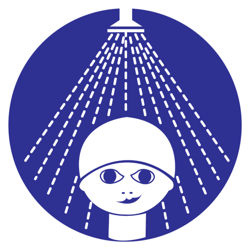 Blauw bord met pictogram om aan te duiden dat douchen verplicht is