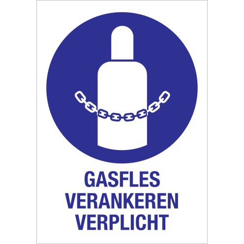Bord met pictogram en tekst om aan te duiden dat het verankeren van de gasflessen verplicht is - ISO7010 - M046