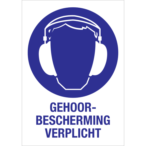 Bord met pictogram en tekst om gehoorbescherming verplicht aan te duiden