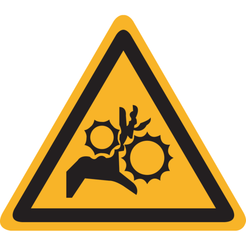 Bord met pictogram Gevaar voor handen - Beknelling tandwielen