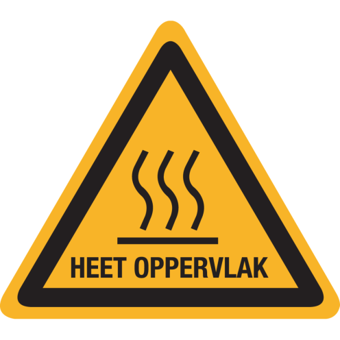 Bord met pictogram en tekst "Heet oppervlak"