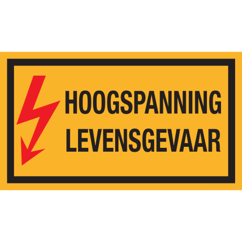 Bord met pictogram en tekst "Hoogspanning Levensgevaar"
