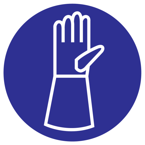 Blauw bord met pictogram om aan te duiden dat lange veiligheidshandschoenen verplicht is