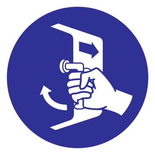 Blauw bord met pictogram om aan te duiden dat de luiken gesloten en beveiligd moeten worden