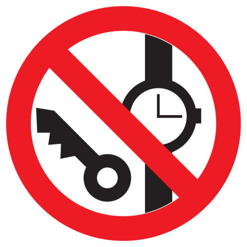 Bord met pictogram verboden voor kleine metalen voorwerpen en horloges