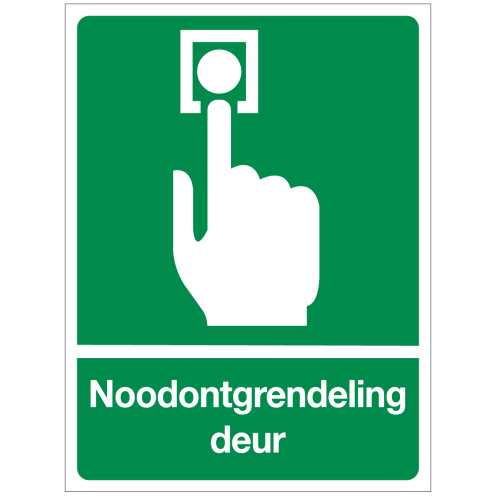 Bord met pictogram en tekst noodontgrendeling deur