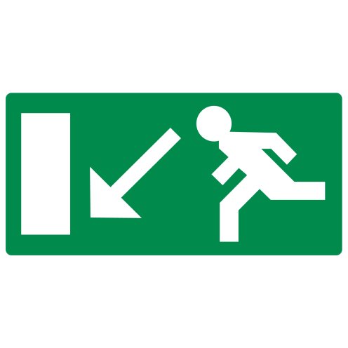 Bord met pictogram nooduitgang links naar beneden