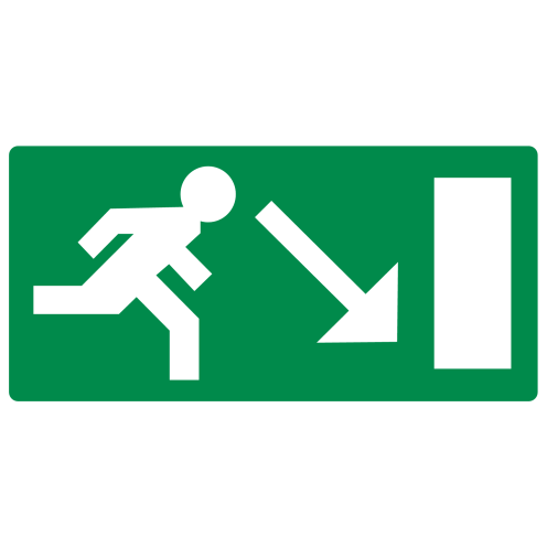 Bord met pictogram nooduitgang rechts omlaag