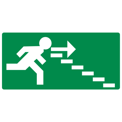 Bord met pictogram nooduitgang trap af rechts