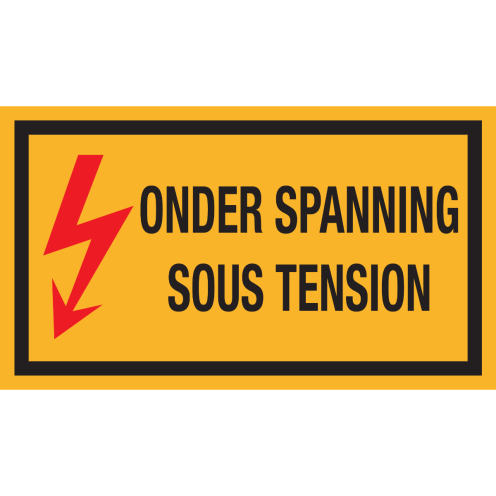 Bord met pictogram en tekst "Onder Spanning - Sous Tension"