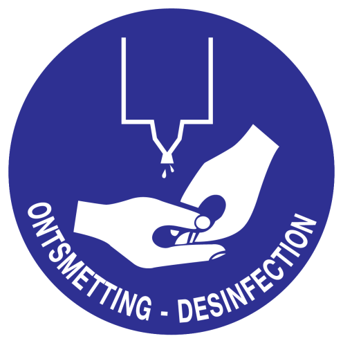 Blauw bord met pictogram om aan te duiden dat ontsmetting verplicht is
