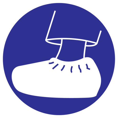 Blauw bord met pictogram om aan te duiden dat overschoenen verplicht zijn.