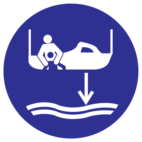 Blauw bord met pictogram om aan te duiden dat de reddingsboot moet laten zakken