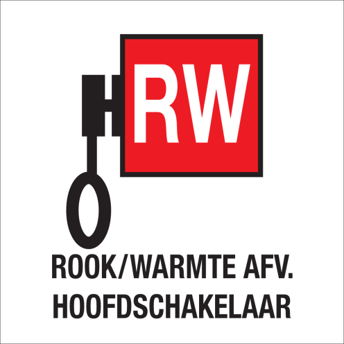 Bordje met pictogram voor aanduiding hoofdschakelaar rook en warmte afvoer