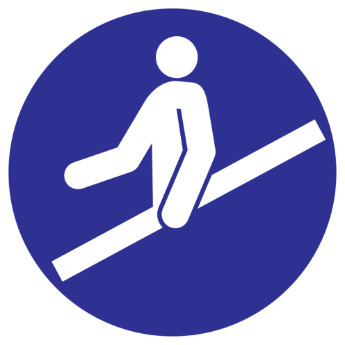 Blauw bord met pictogram om aan te duiden dat het gebruik van de trapleuning verplicht is - ISO7010 - M012