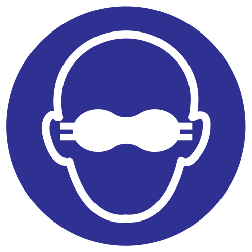 Blauw bord met pictogram voor het aanduiden dat een opaak bril verplicht is - ISO7010 - M007