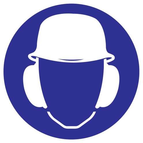 Blauw bord met pictogram voor het aanduiden dat gehoorbescherming en veiligheidshelm verplicht is
