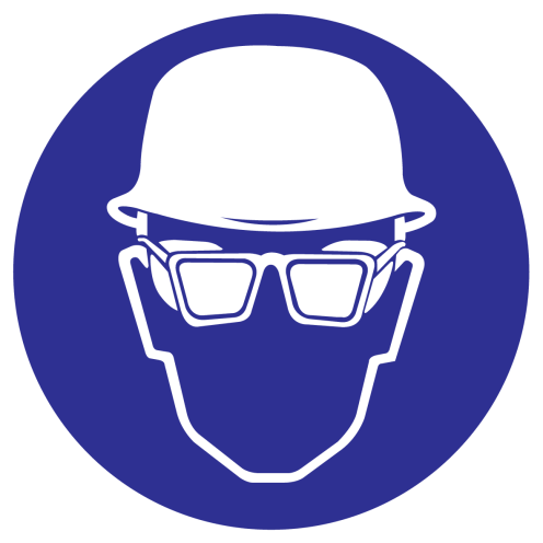 Blauw bord met pictogram om aan te duiden dat oogbescherming en een veiligheidshelm verplicht zijn