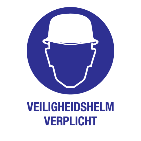 Bord met pictogram en tekst om aan te duiden dat een veiligheidshelm verplicht is