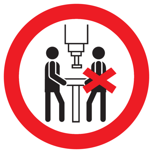 Bord met pictogram verboden met twee personen tegelijk aan de machine te werken