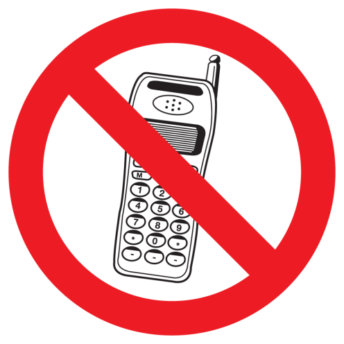 Bord met pictogram mobiele telefoons verboden