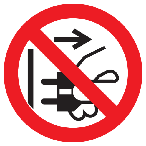 Bord met pictogram "Stekker uit stopcontact halen verboden"