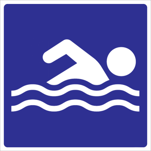 Blauw bord met pictogram voor het aanduiden van een zwembad