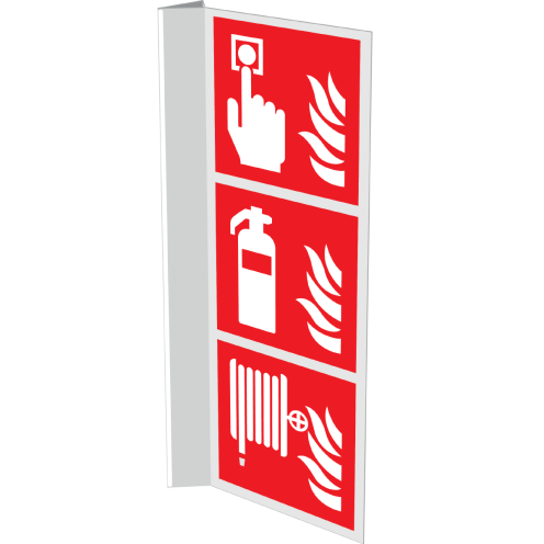 Gecombineerd haaks bord met pictogram van brandhaspel, brandblusser en handmelder met vlam