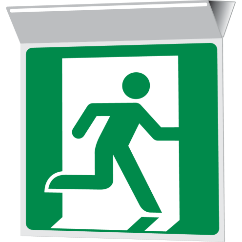 Haaks plafond bord met pictogram Nooduitgang rechterkant 