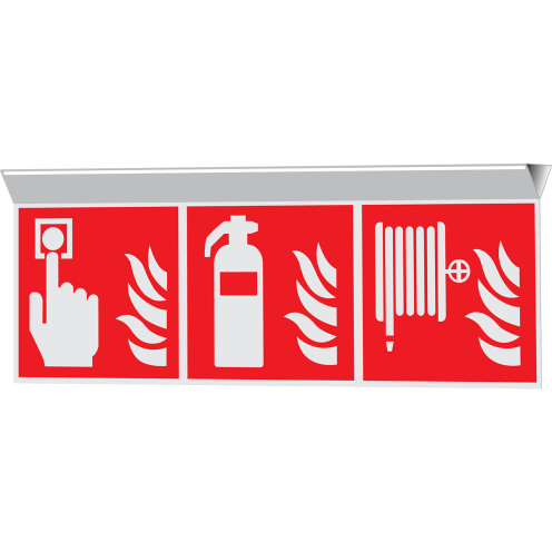 Gecombineerd haaks bord plafondbevestiging met pictogram van brandhaspel, brandblusser en handmelder met vlam
