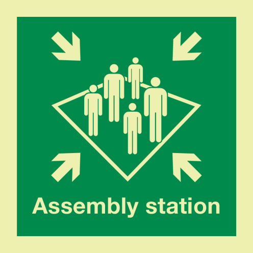 Fotoluminescerende sticker met IMO pictogram en tekst van een verzamelplaats