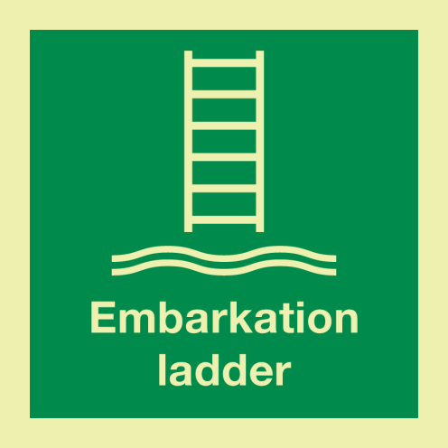 Fotoluminescerende sticker met IMO pictogram en tekst van een inschepingsladder