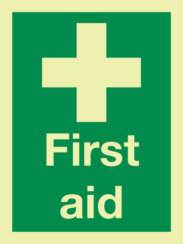Fotoluminescerende sticker met IMO pictogram en tekst eerste hulp