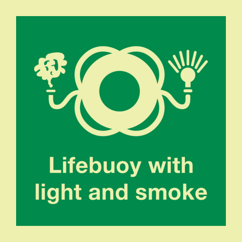 Fotoluminescerende sticker met IMO pictogram en tekst reddingsboei met licht en rook