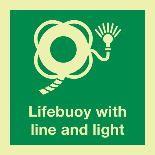 Fotoluminescerende sticker met IMO pictogram en tekst reddingsboei met licht en lijn