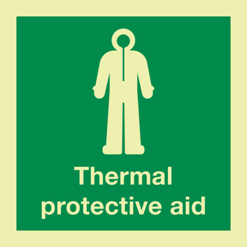Fotoluminescerende sticker met IMO pictogram en tekst Thermische Bescherming