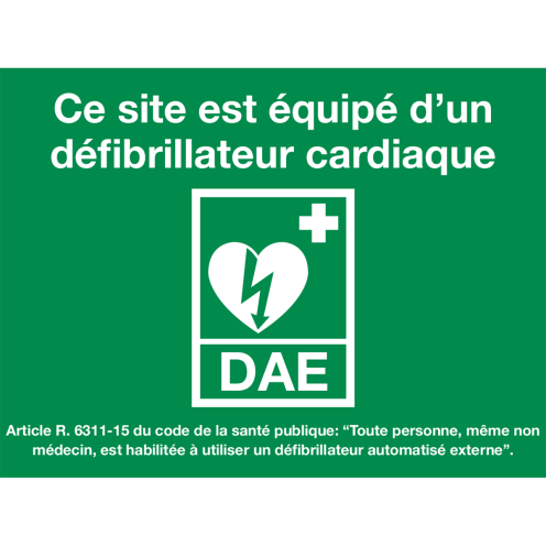 Bord met pictogram en tekst DAE volgens ILCOR