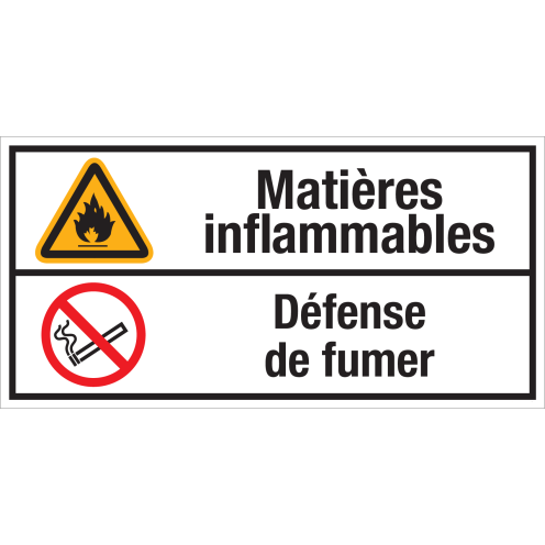 Panneau: "Matieres inflammables - Defense de fumer" - ISO 7010 - W021, P002